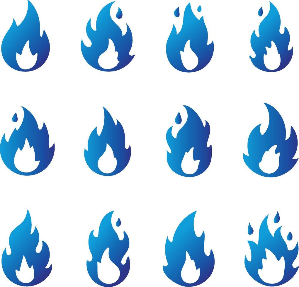 Collection of blue flame icons with gradient effect isolated on white background vector