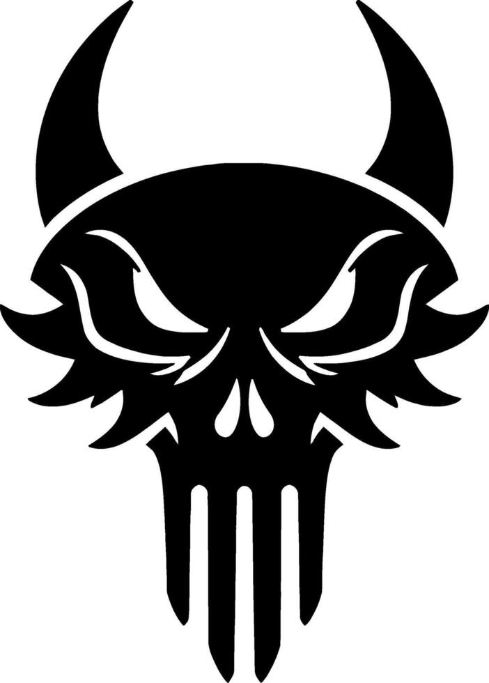 Fierce black skull with horns and jagged edges isolated on white background. vector