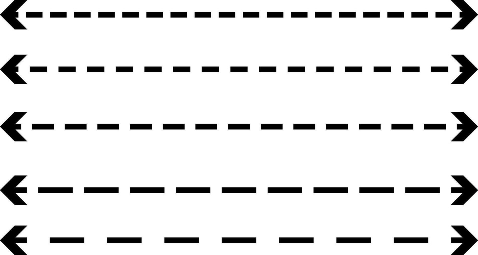 Long straight dashed line double arrow set. Semicircular curved thin. long double ended arrow. presentation and education. Straight long arrow vector