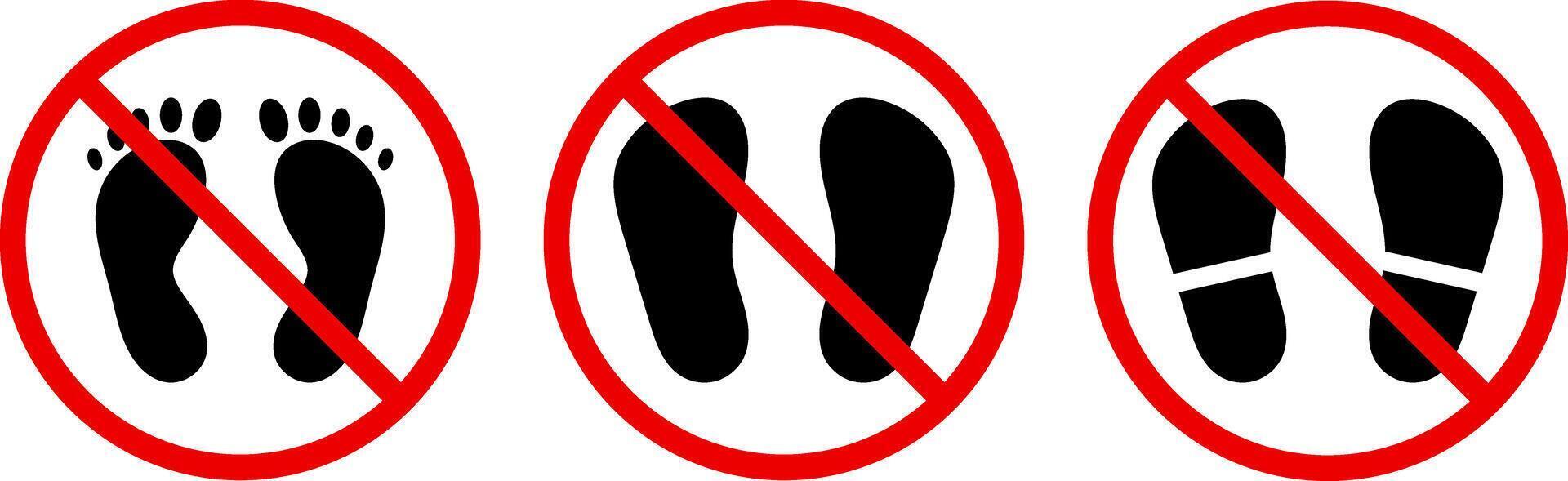 no footprint icon set. No walking area icons. Red circle restriction. prohibited sign. footstep prints steps symbol vector