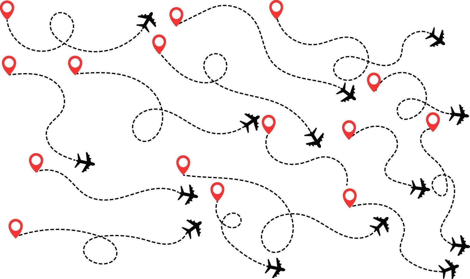 airplane with dotted flight path. air plane route dash line route with location pin. airplane icon set. plane symbol. map symbol vector
