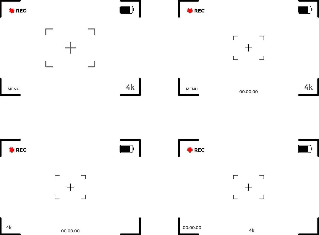 camera viewfinder overlay screen set. recording screen sign. display full hd format. digital display interface. Recording camera screen with indicators and frame vector