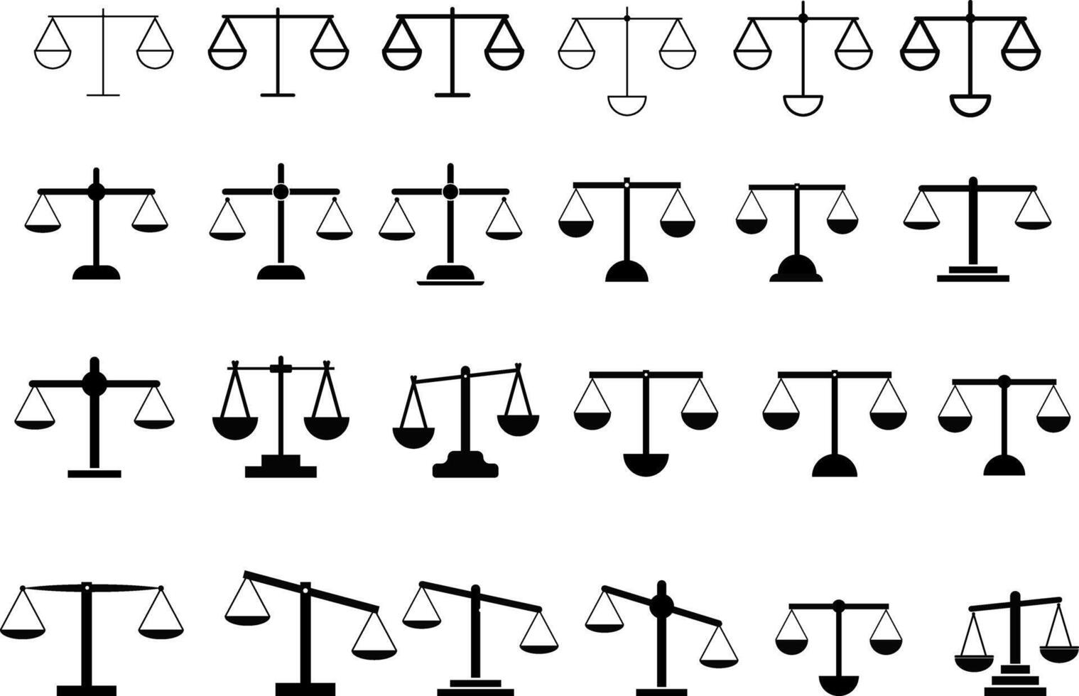 Scale icon set. Judgement justice scales symbols. Vintage balance and equilibrium. Weight icons. Law punishment signs vector