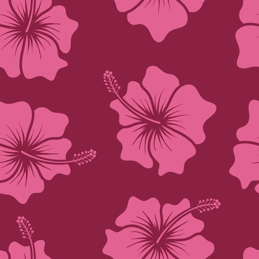 Tropical pink hibiscus flowers against a rich burgundy background vector