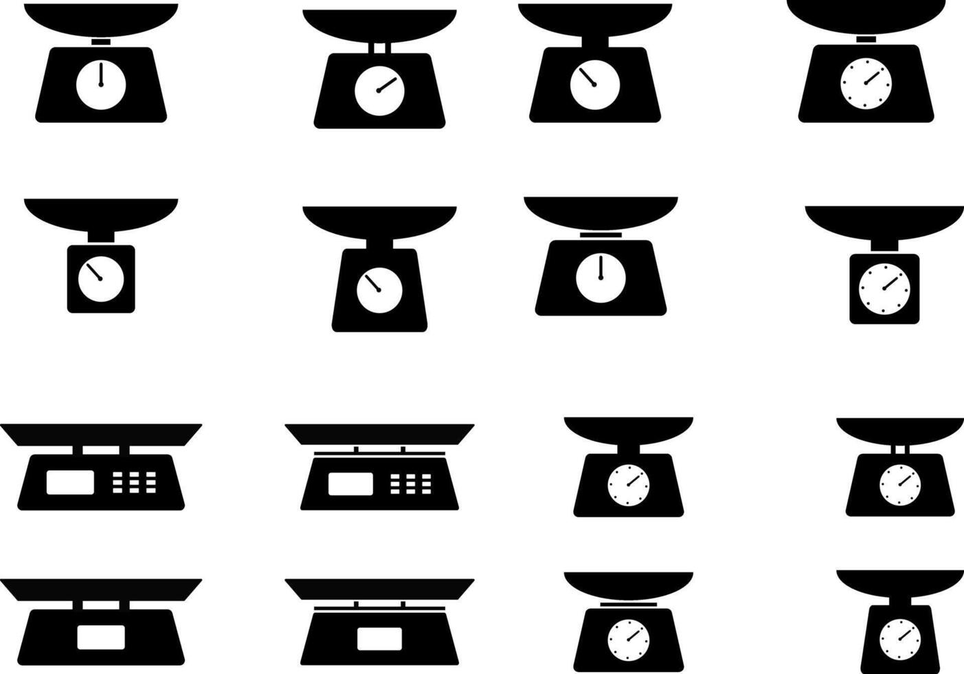 digital Scale icon set. Judgement justice scales symbols. Vintage balance and equilibrium. Weight icons. Law punishment sign vector