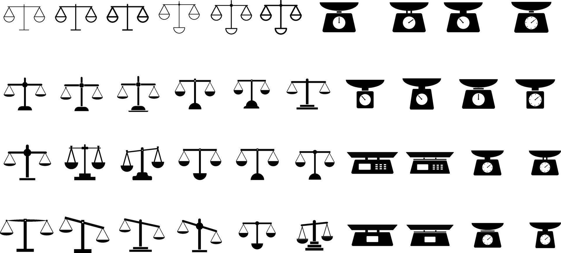 Scale icon set. Judgement justice scales symbols. Vintage balance and equilibrium. Weight icons. Law punishment sign vector