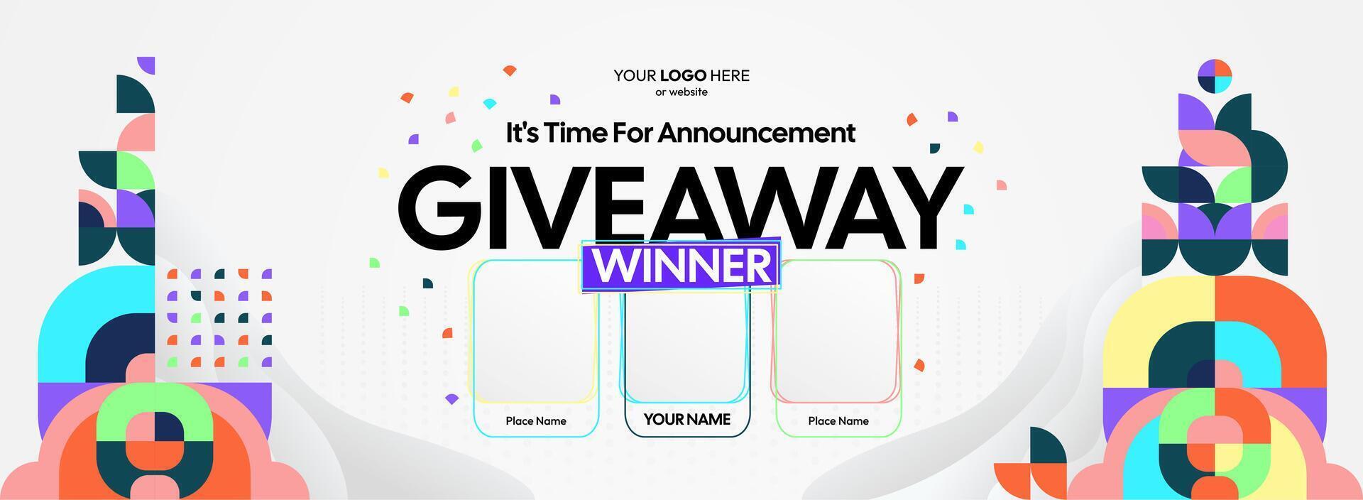 Striking geometric designs highlight this giveaway winner announcement. Giveaway winner announcement with three winners. Perfect for online contests and promotional events. vector