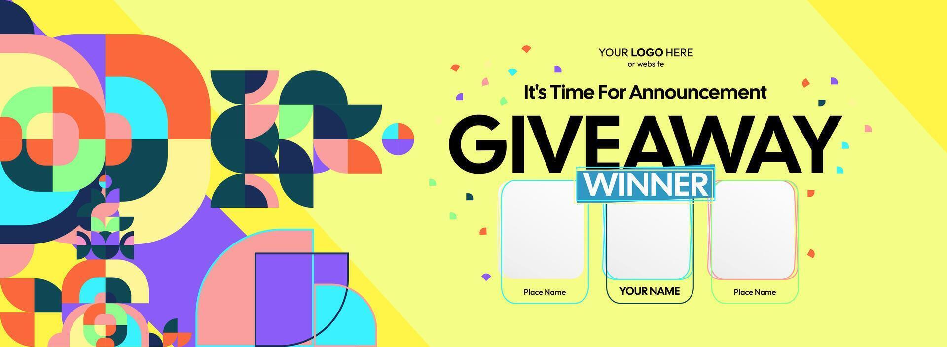 Festive giveaway winner announcement featuring colorful geometric patterns. Giveaway winner announcement with three winners. Great for marketing, contests, and online shopping. vector