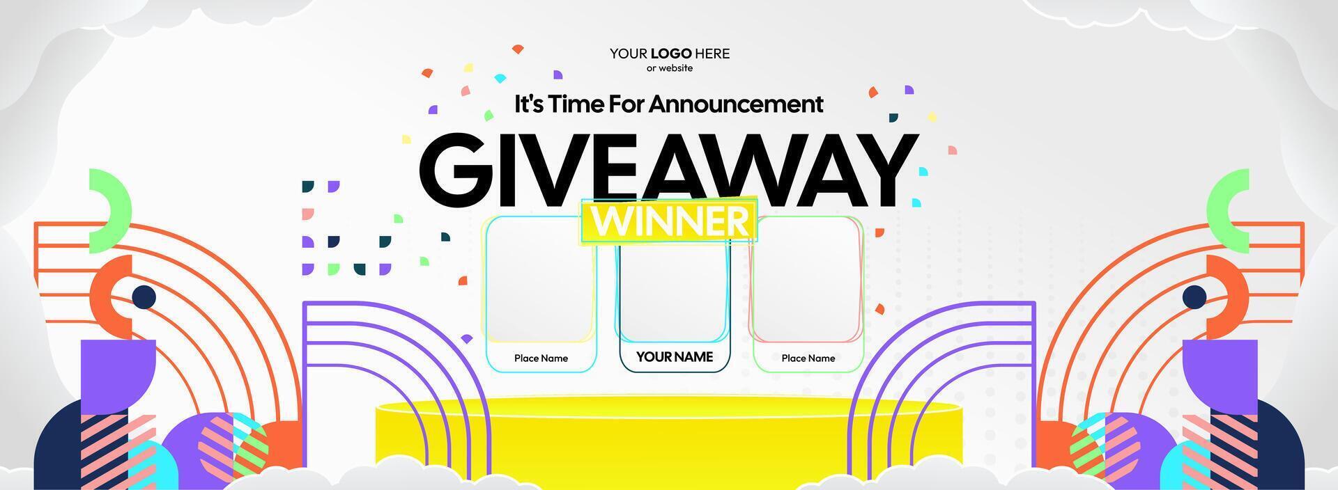 Colorful geometric backgrounds enhance this giveaway winner announcement. Giveaway winner announcement with three winners. Great for promotions, contests, and online interactions. vector