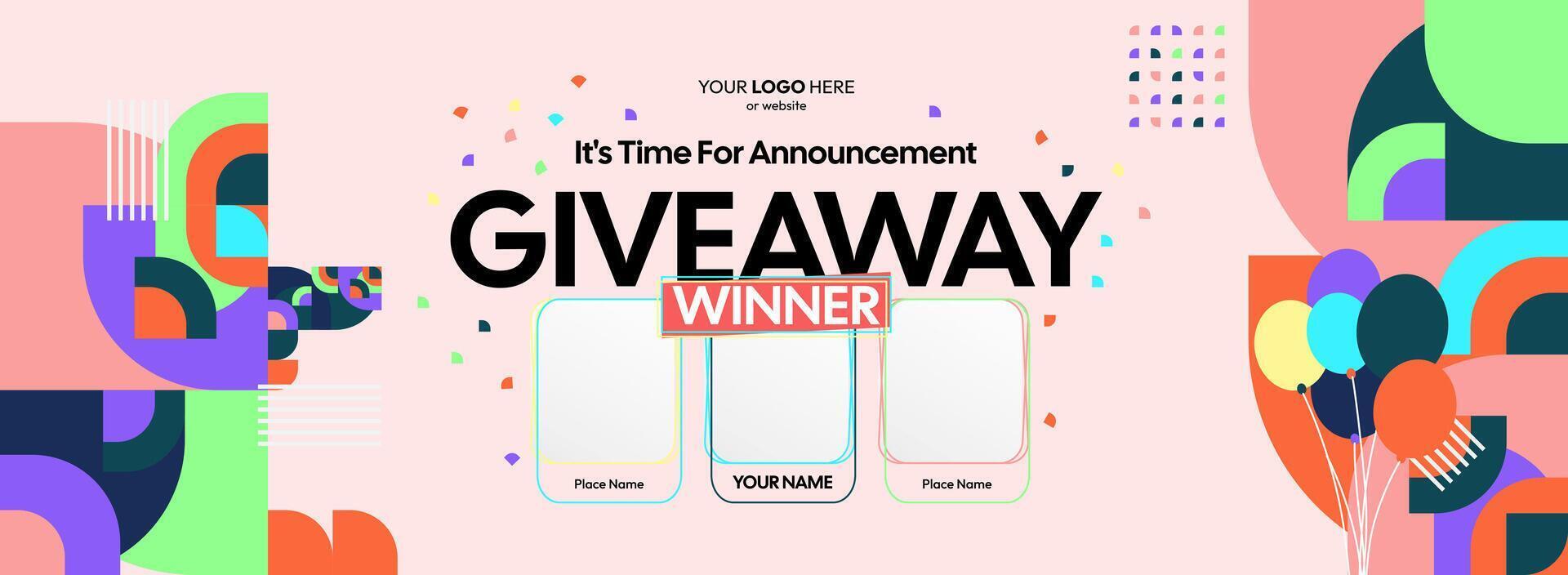 Giveaway winner announcement with three winners. Horizontal visual with reward based theme, suitable for celebrating contest wins and boosting user engagement. vector