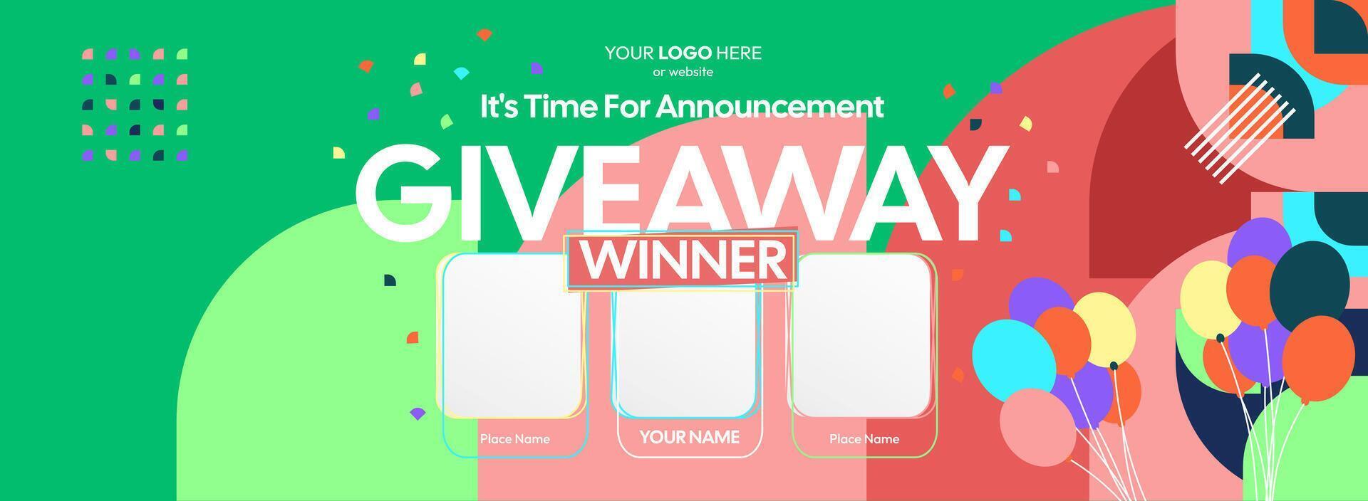 Engaging giveaway winner announcement featuring colorful geometric backgrounds. Giveaway winner announcement with three winners. Great for online contests and festive marketing. vector