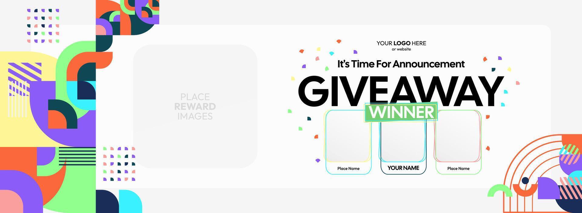 Vibrant geometric designs create an engaging giveaway winner announcement. Giveaway winner announcement with three winners. Ideal for marketing, online contests, and celebrations. vector