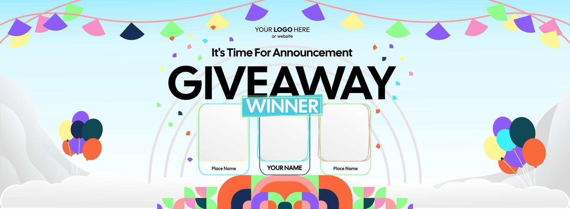Giveaway winner announcement with three winners. Bright banner layout featuring geometric ornaments, perfect for marketing events, prize announcements, and product giveaways. vector