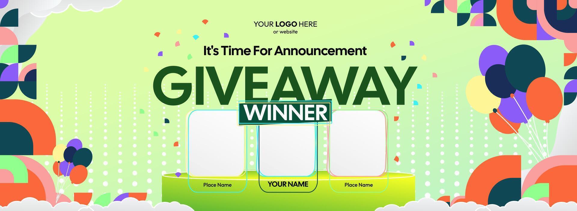 Striking geometric designs enhance this giveaway winner announcement. Giveaway winner announcement with three winners. Ideal for promotions, contests, and festive celebrations. vector
