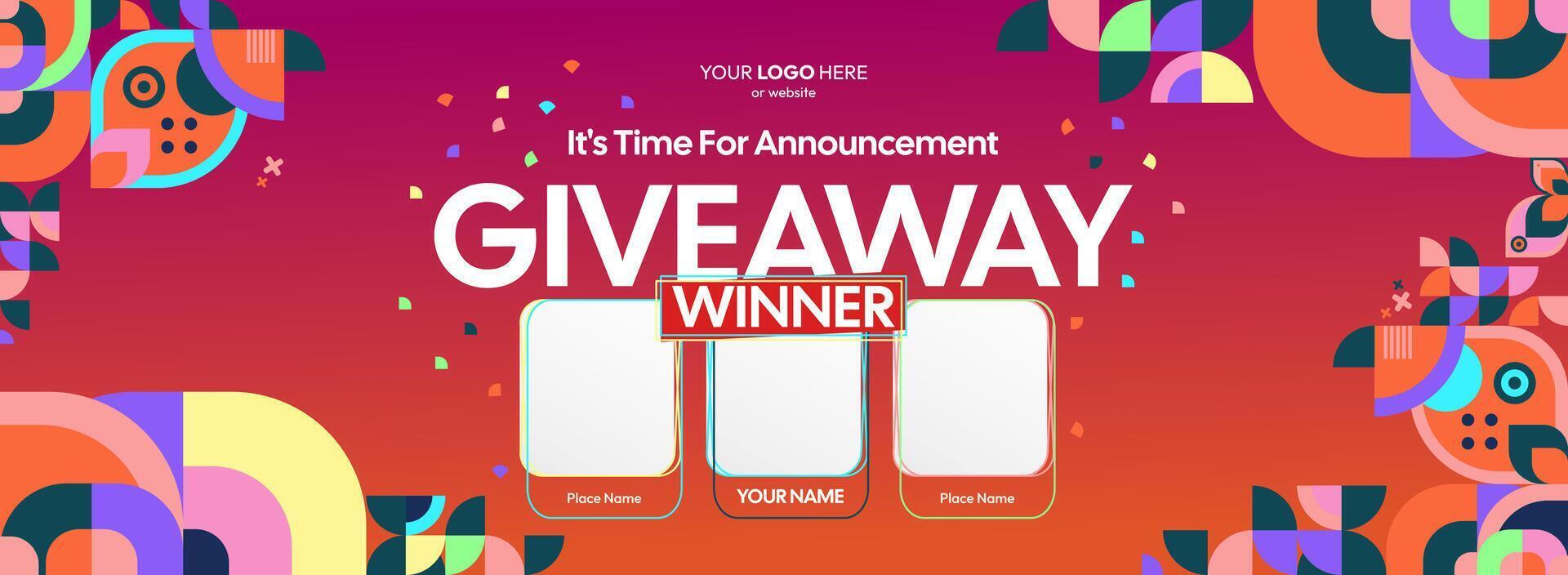 Striking giveaway winner announcement with colorful geometric backgrounds. Giveaway winner announcement with three winners. Perfect for marketing, contests, and celebrations. vector