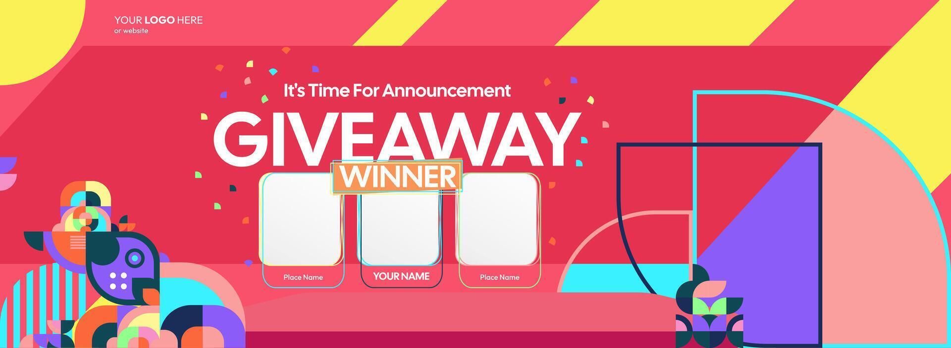 Dynamic giveaway winner announcement with striking geometric designs. Giveaway winner announcement with three winners. Ideal for online shopping and festive celebrations. vector