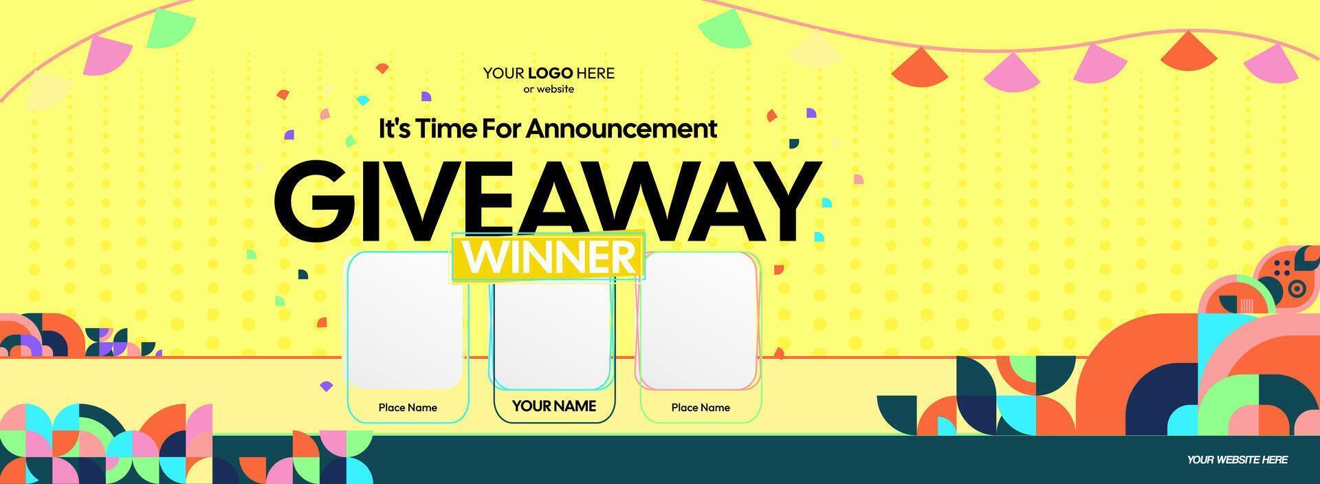 Giveaway winner announcement with three winners. Promo banner design with vibrant color scheme, ideal for product prize reveals and customer engagement campaigns. vector