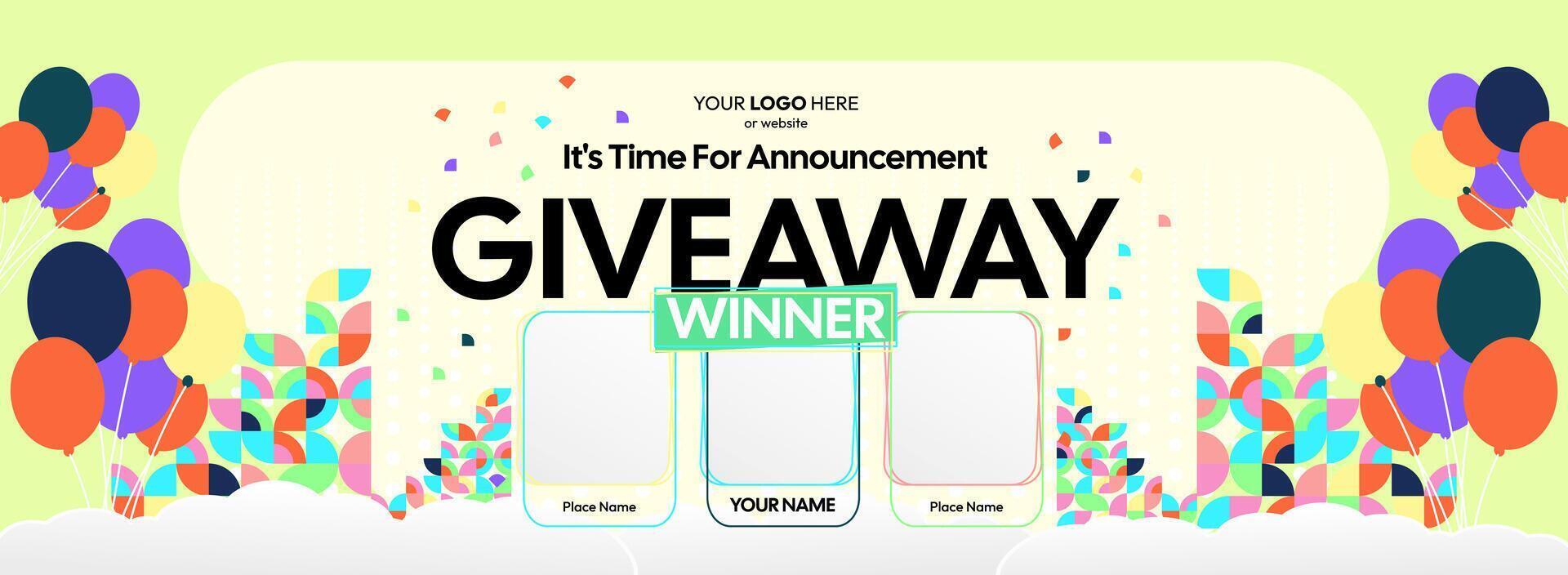 Giveaway winner announcement with three winners. Modern promotional template for banner ads, highlighting surprise gift rewards, shopping events, and interactive giveaways. vector