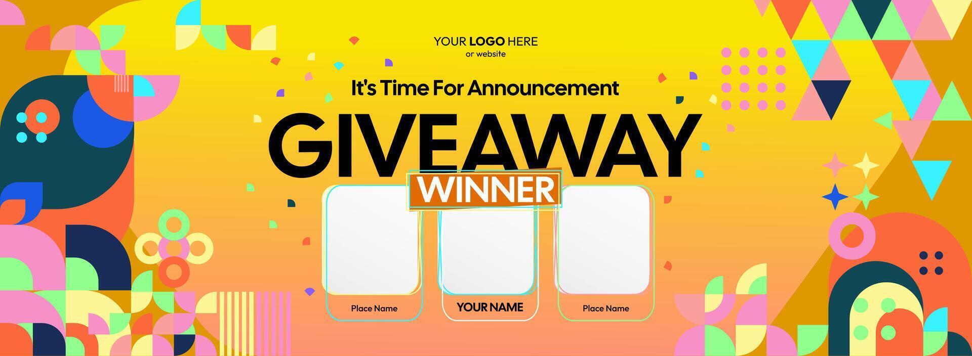 Colorful giveaway winner announcement with bold geometric backgrounds. Giveaway winner announcement with three winners. Perfect for online contests and marketing events. vector