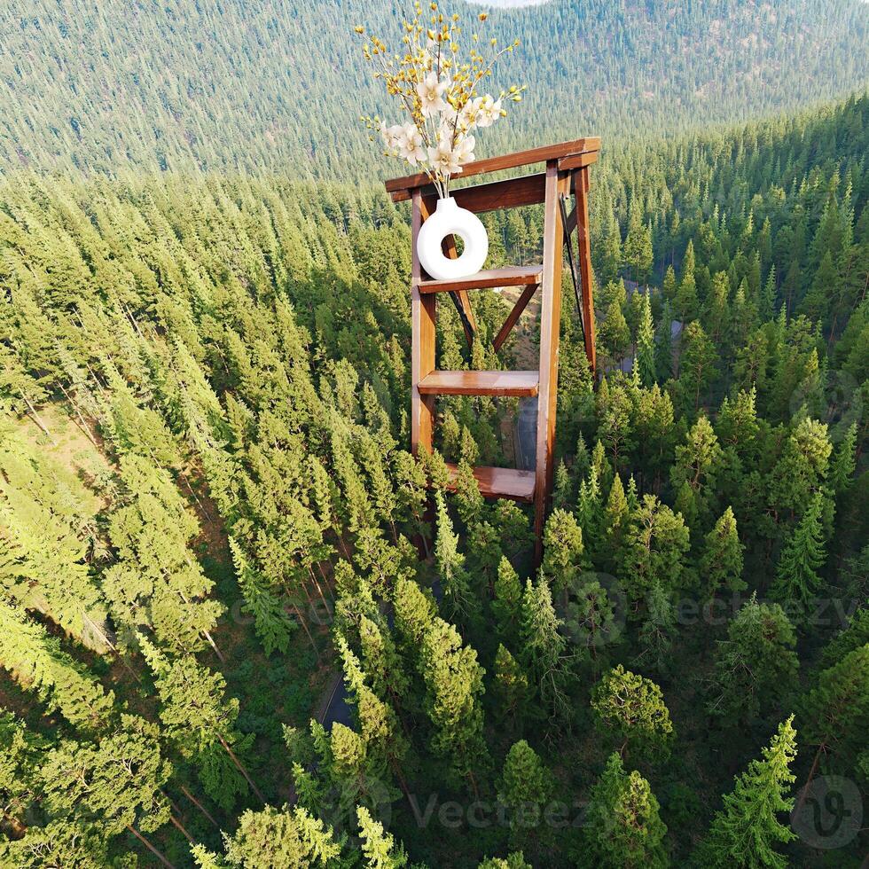 Wooden staircase with flowers and vase above forest, abstract concept of ecological sustainability and nature connection for environmental awareness. photo