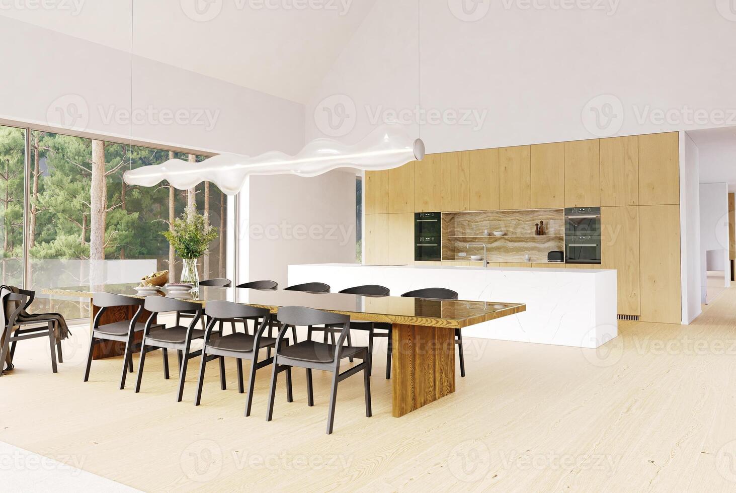 Modern home interior with open kitchen and dining area, featuring a long wood table and large windows. 3d rendering for architectural design and real estate. photo