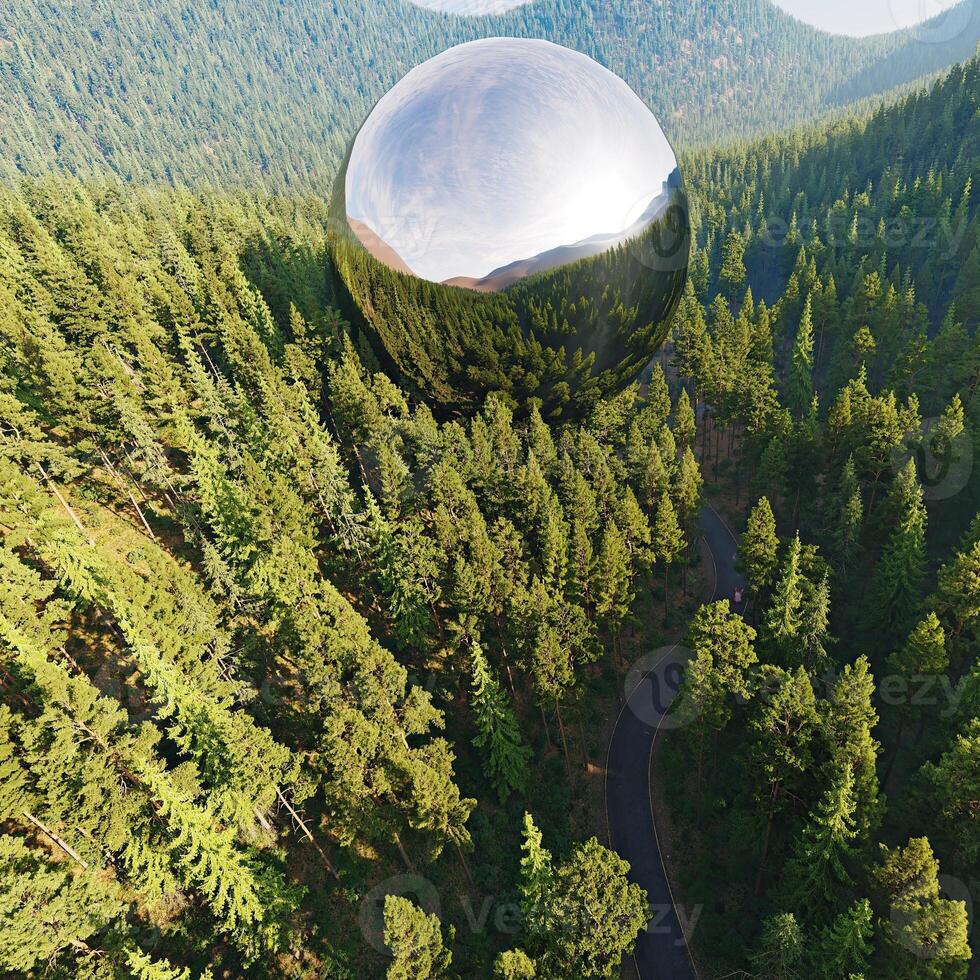 Giant chrome sphere floating above a lush green forest with a winding road passing through, surreal nature, 3d rendering. photo