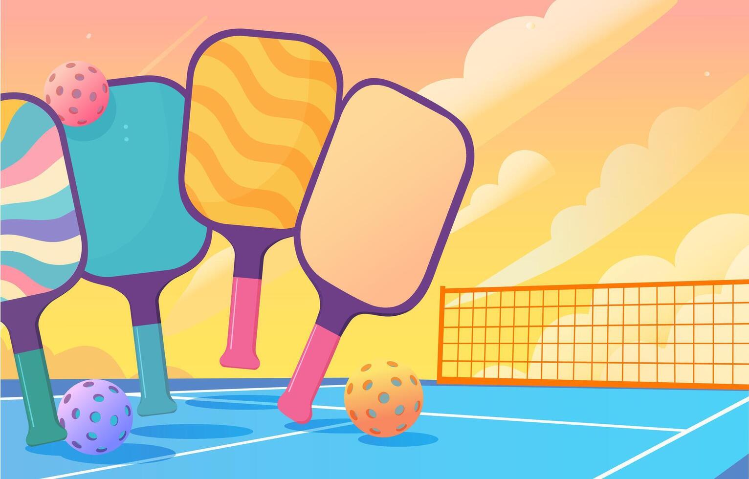 Colorful pickleball paddles and balls arranged playfully on a court with a vibrant sunset background and soft cloud shapes in a fun cartoon style vector