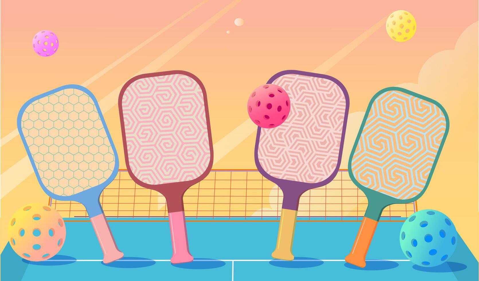 Colorful cartoon illustration of four pickleball paddles with geometric patterns standing on a court with balls flying around, a vibrant pink and yellow sky vector