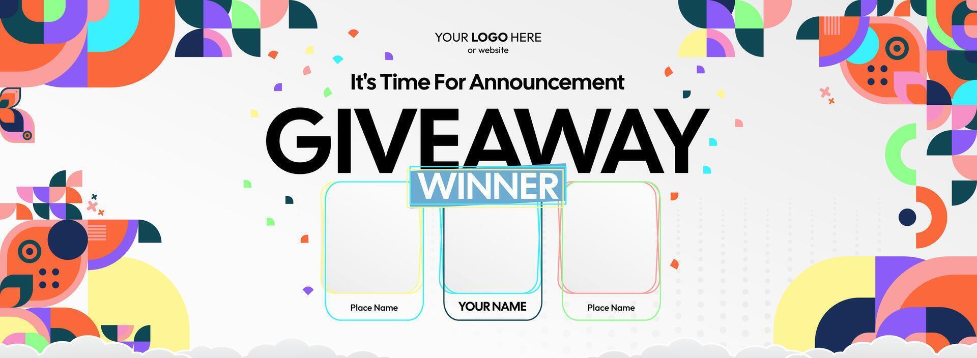 Striking giveaway winner announcement with vibrant geometric elements. Giveaway winner announcement with three winners. Perfect for marketing, contests, and promotions. vector
