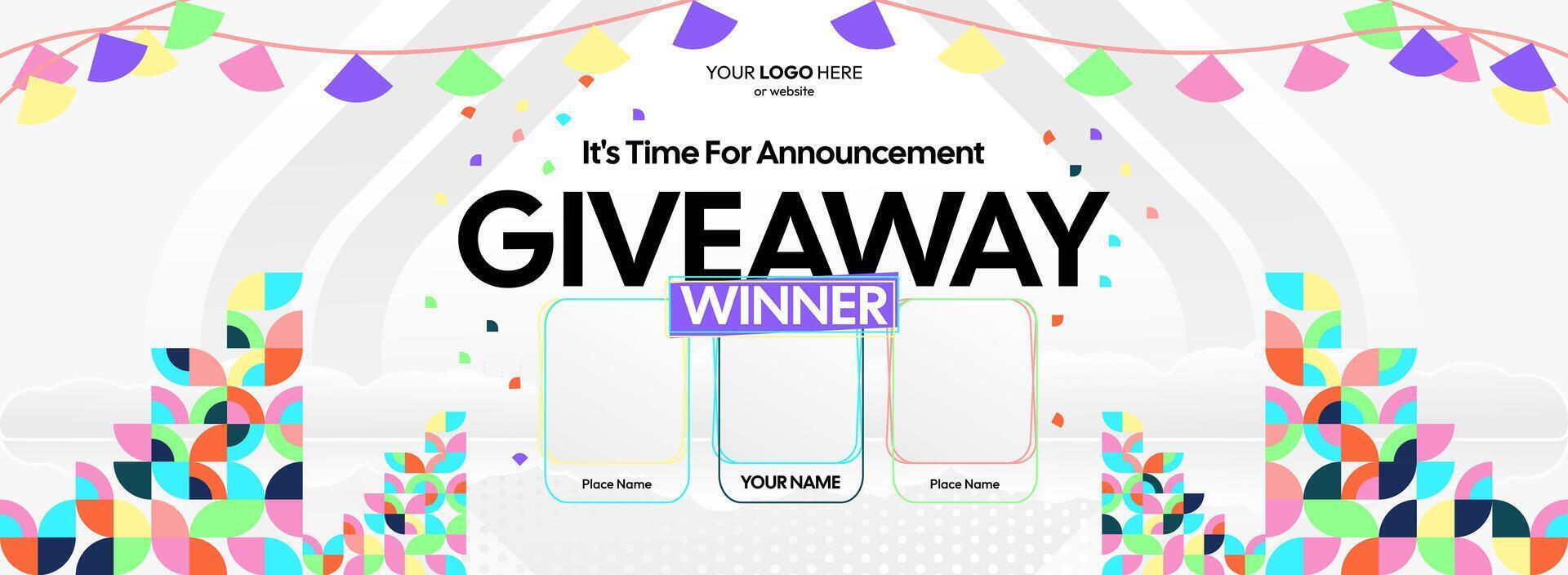 Dynamic geometric backgrounds enhance this giveaway winner announcement. Giveaway winner announcement with three winners. Suitable for social media and online shopping events. vector