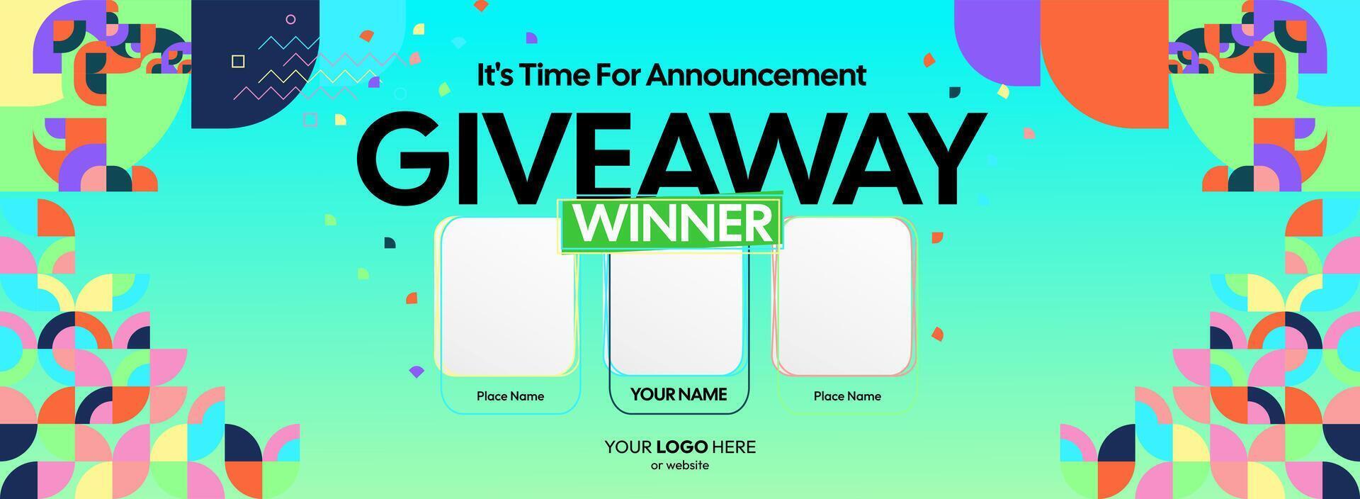 Giveaway winner announcement with three winners. Bright, horizontal layout for announcing competition winners, with bonus details and colorful design to attract giveaway entries vector