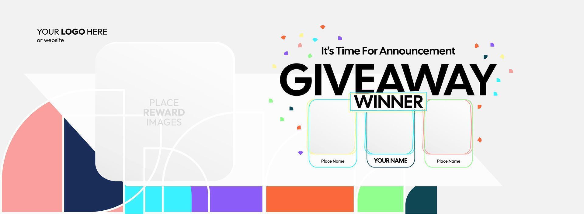 Striking giveaway winner announcement featuring lively geometric backgrounds. Giveaway winner announcement with three winners. Perfect for marketing, contests, and celebrations. vector