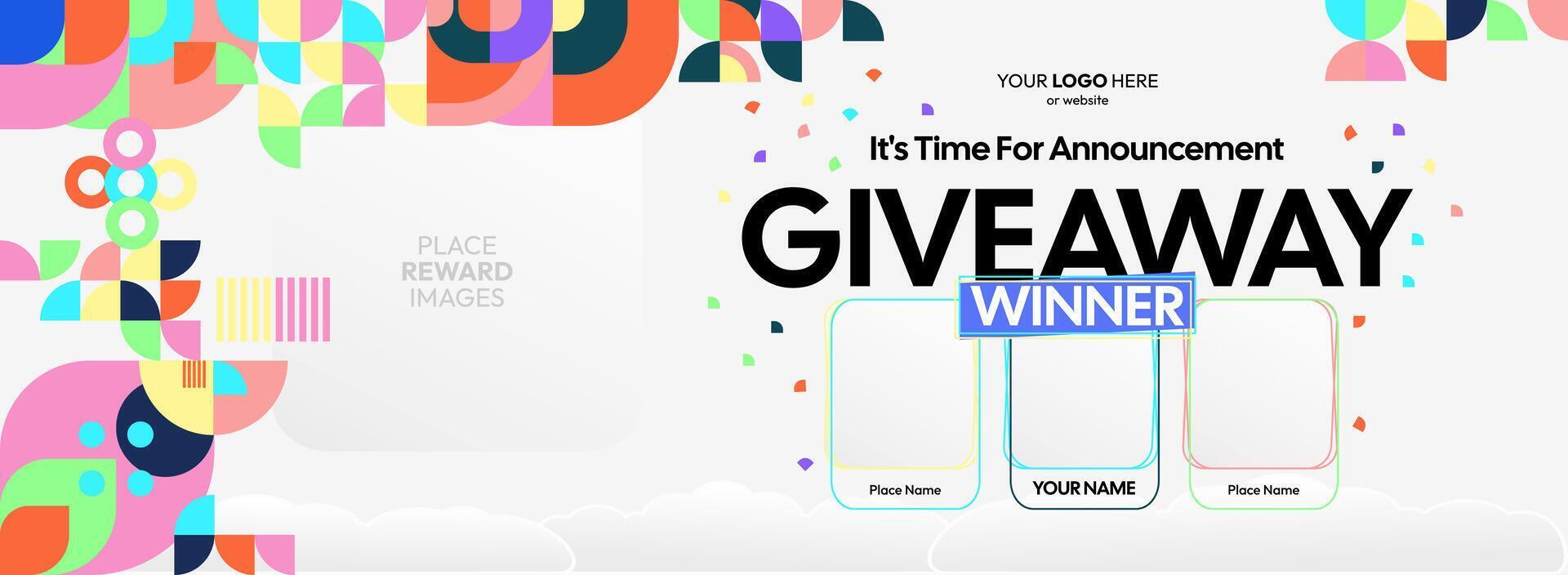 Giveaway winner announcement with three winners. Celebration banner design featuring colorful visuals, used for marketing rewards and contest winner announcements. vector