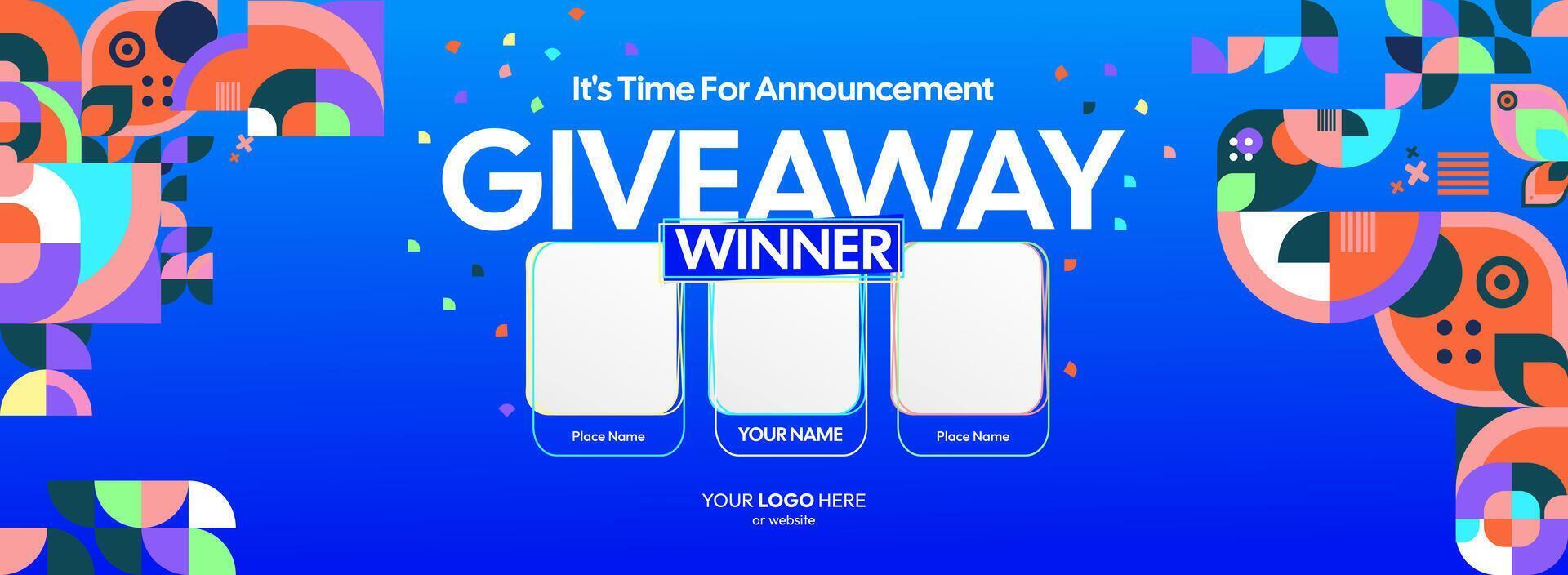 Dynamic giveaway winner announcement featuring lively geometric designs. Giveaway winner announcement with three winners. Great for promotions, contests, and festive celebrations vector