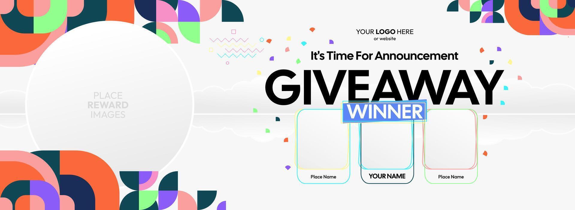 Engaging giveaway winner announcement with lively geometric backgrounds. Giveaway winner announcement with three winners. Ideal for contests, promotions, and social media campaigns. vector