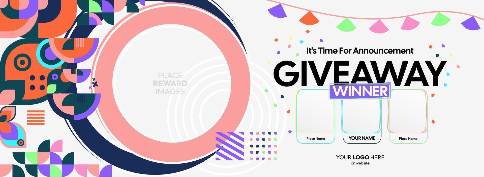 Festive giveaway winner announcement featuring vibrant geometric elements. Giveaway winner announcement with three winners. Perfect for online contests and marketing campaigns. vector