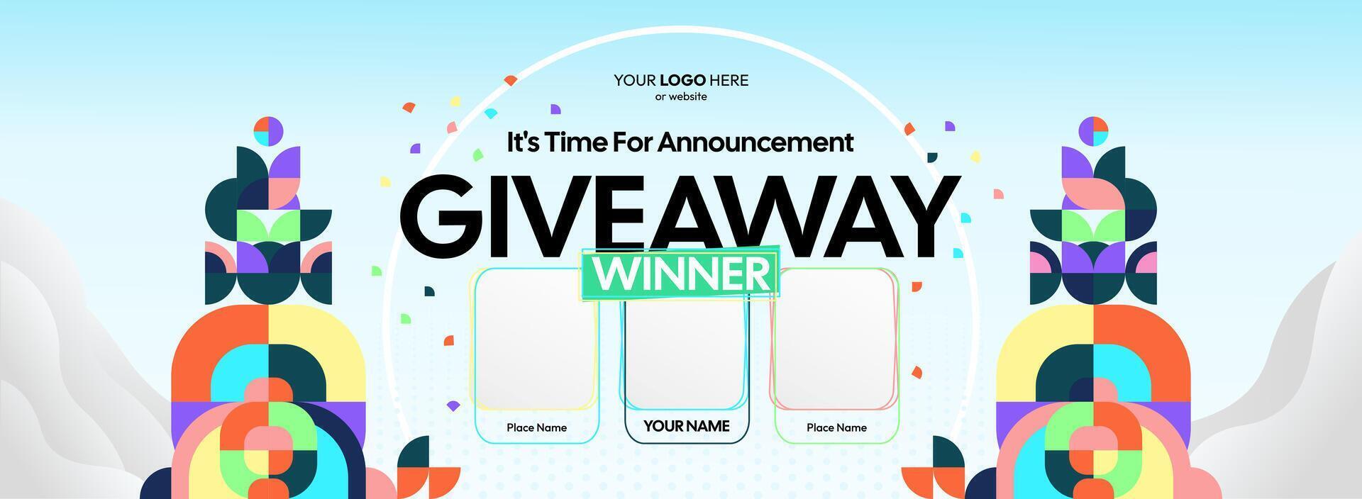 Vibrant giveaway winner announcement with bold geometric designs. Giveaway winner announcement with three winners. Perfect for online shopping and festive marketing campaigns. vector