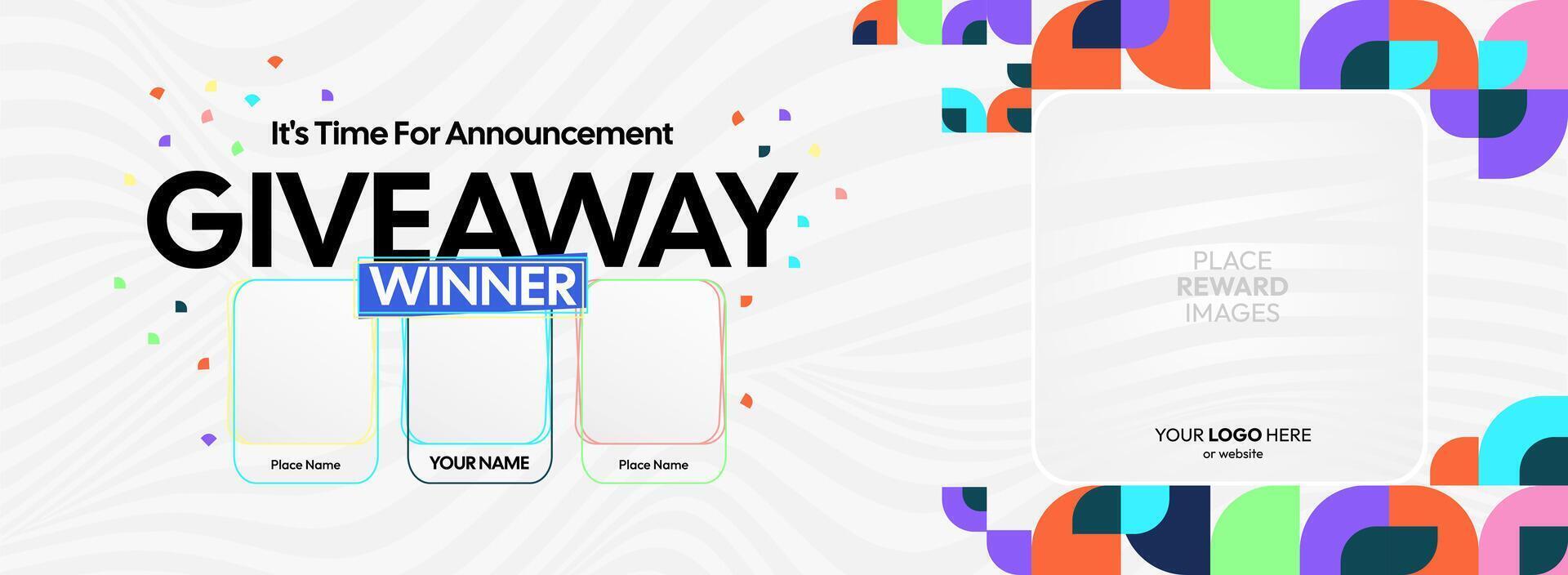 Festive giveaway winner announcement featuring striking geometric elements. Giveaway winner announcement with three winners. Perfect for contests, promotions, and special offers. vector