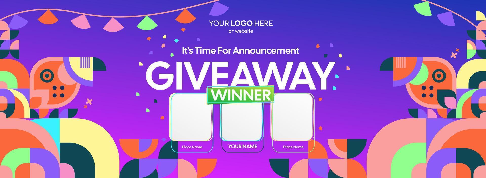 Giveaway winner announcement with three winners. Geometric visuals meet prize reveal for web contests, suitable for sharing special reward news and limited time promotions. vector