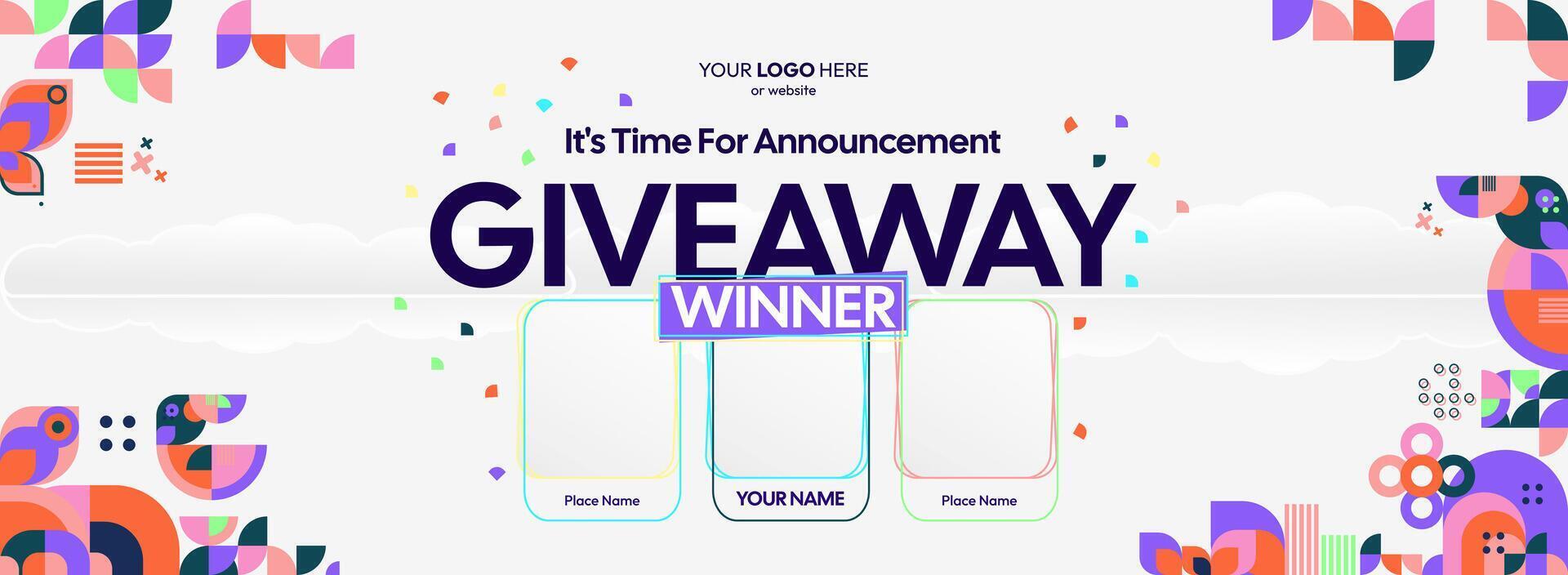 Colorful geometric shapes enhance this giveaway winner announcement design. Giveaway winner announcement with three winners. Perfect for online shopping and festive marketing. vector