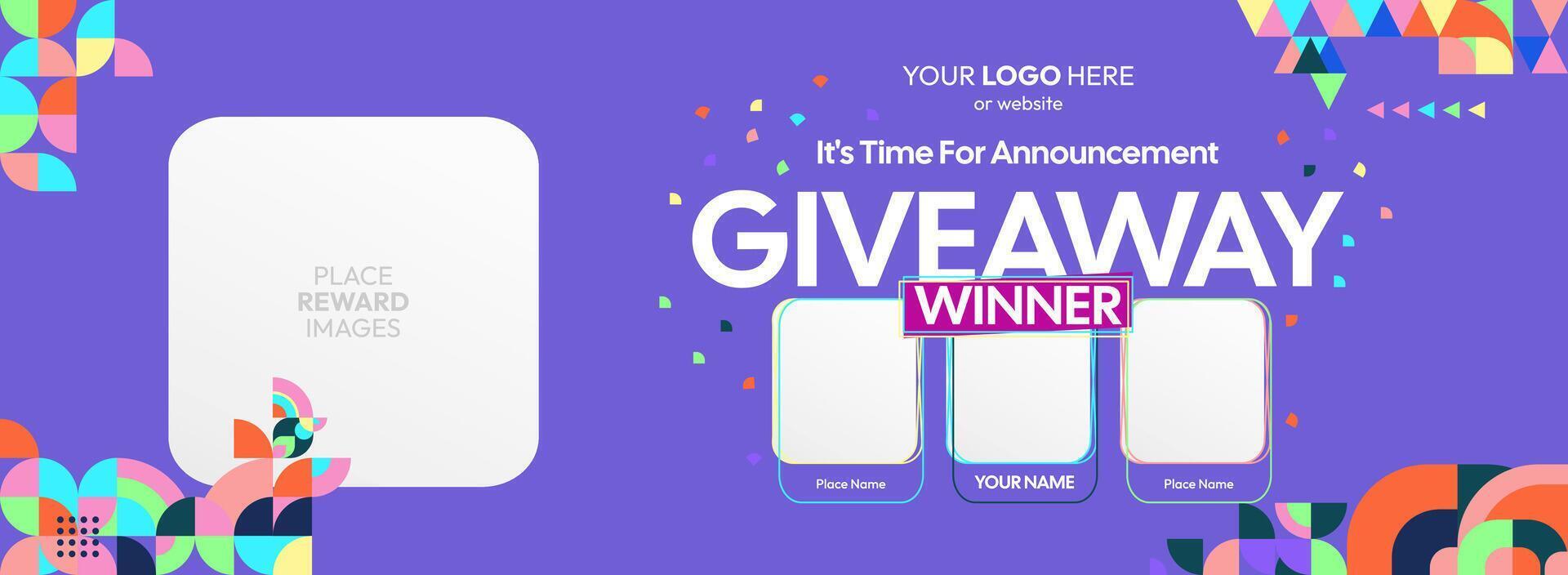 Eye catching giveaway winner announcement with bold geometric designs. Giveaway winner announcement with three winners. Great for contests, promotions, and online engagement. vector