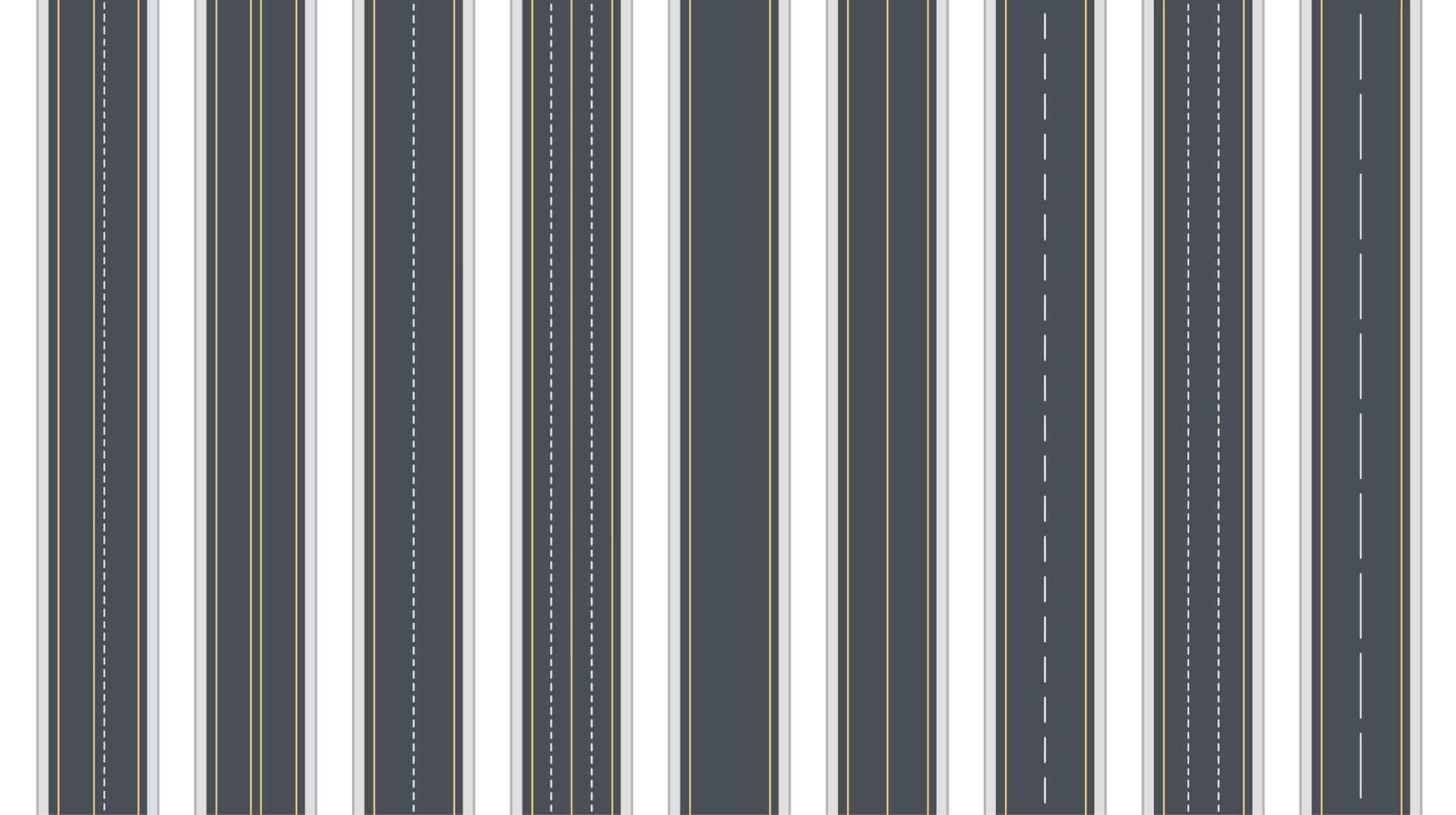 Seamless road lane. Pattern with highway marking. Street road and straight highway line. Roadway track with solid, dashed, double lines. Endless asphalt map routes texture. set vector