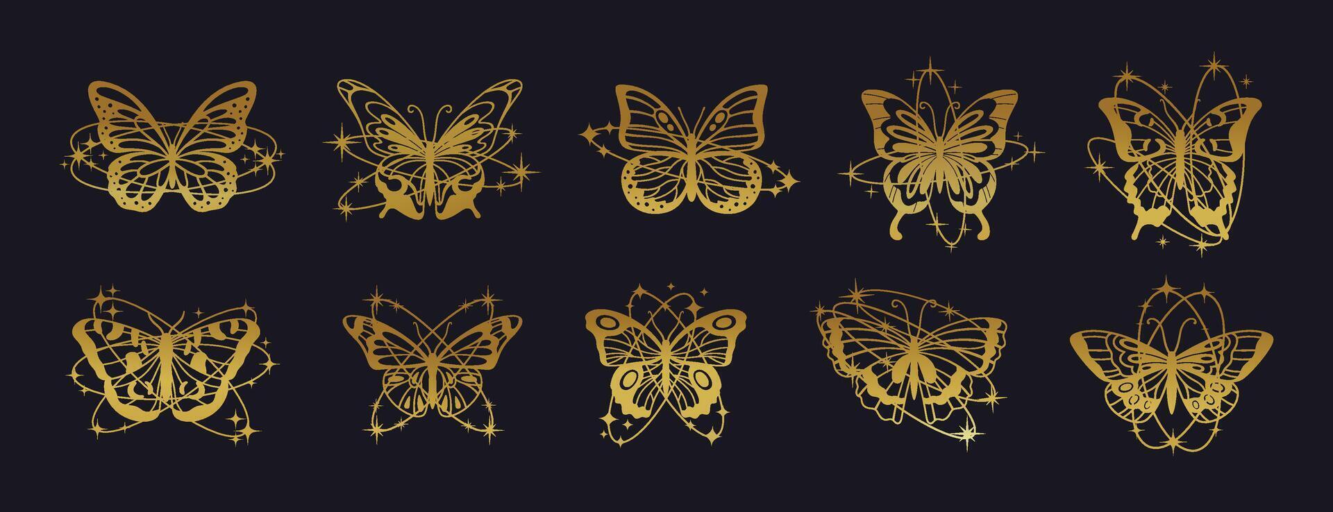 Abstract Y2K butterflies. Golden butterfly. Gradient silhouettes butterfly with line oval auras, shines, stars, sparkles. Brutalism style shiny shapes dreamy insects. set vector