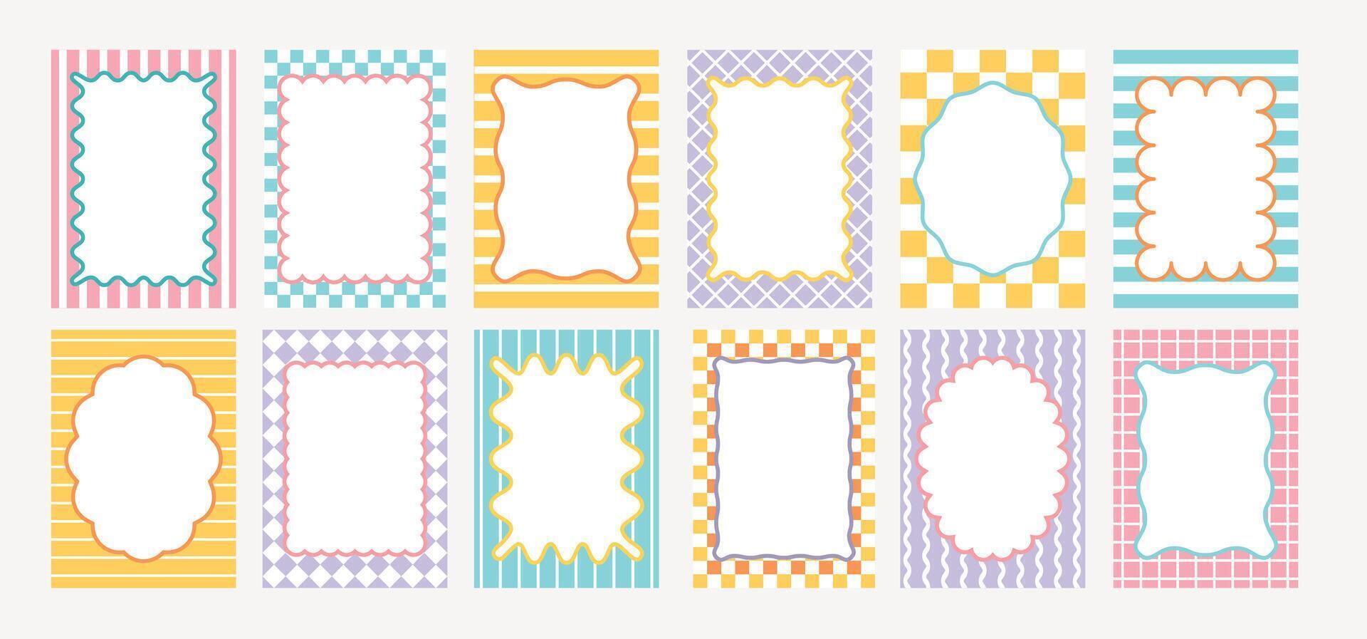 Wave edge frame. Doodle wavy borders. Retro abstract curved shaped frames with geometric patterns for social media, invitation, poster. Zigzag edges figures set vector