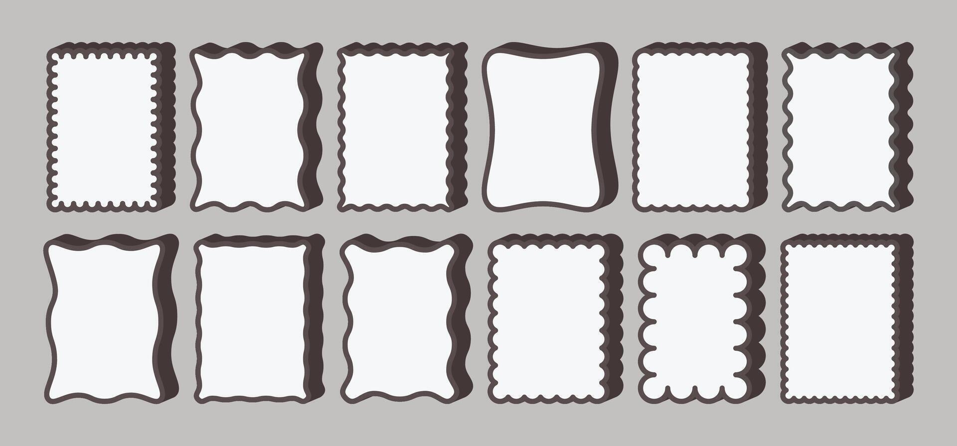 Wavy frames with shadows. Retro groovy squiggle border. Funky, curly, curvy shape frame with zigzag edges. Scalloped, squiggly labels for text. set vector