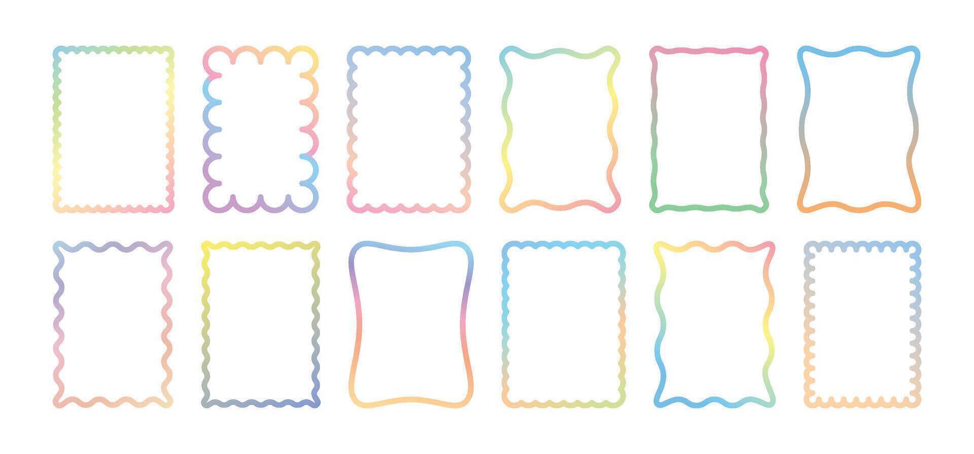 Wavy gradient frame. Line squiggle borders. Shapes rounded rectangles, abstract clouds, wavy outlines with gradient effects. Curves border set vector