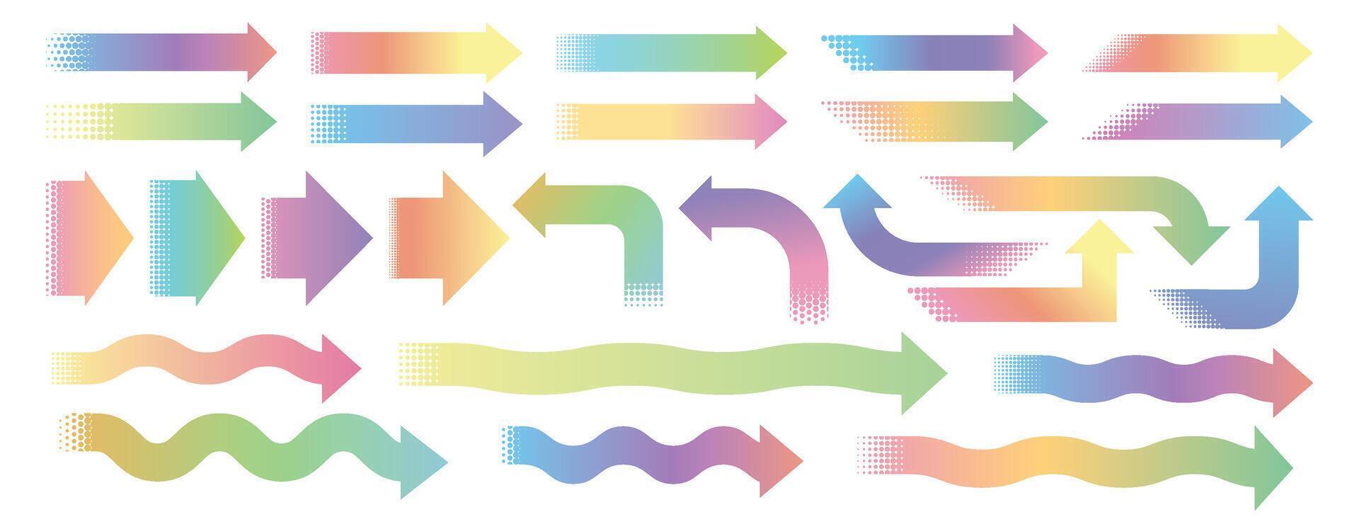 Halftone arrows. Color gradient dotted arrow. Circle particles, direction simple signs. Colorful wavy pointers with dot halftone effect. Various navigation waved shapes. set vector