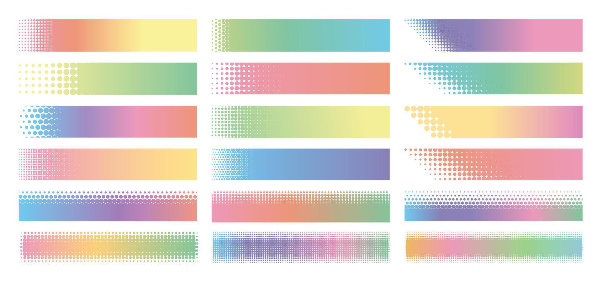 Halftone frames. Dotted gradient banner. Header with circle mosaic edges. Horizontal title border with halftone effects. Colorful heading rectangular dot shapes. set vector