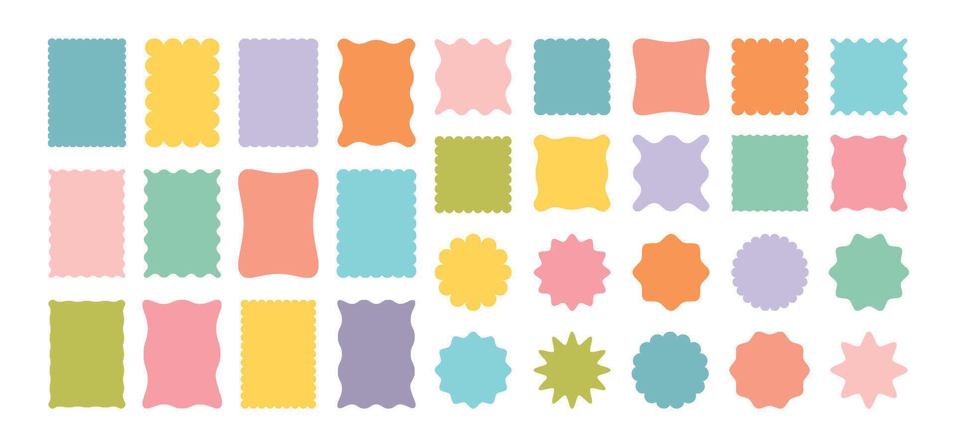 Simple wavy frames. Squiggle decorative frame. Colorful rectangle, circle, and square shape borders. Abstract zigzag and wave edges boxes. set vector