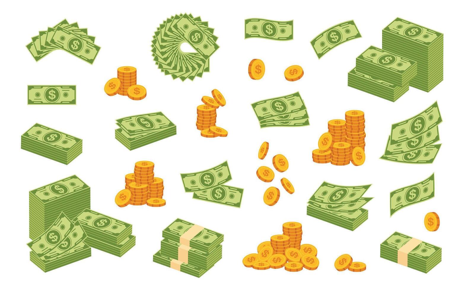 Assorted money stacks and coins illustrations vector